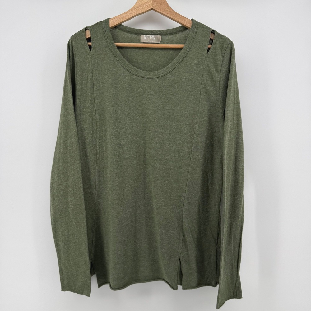 Nation LTD Womens Olive Green Shoulder Cut Out Long Sleeve Scoop Neck Top Large - Picture 2 of 7